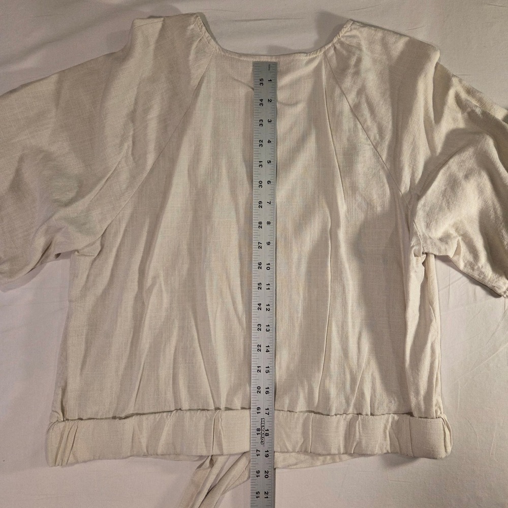 Nine West‎ Women's Cream Linen Blend Half Sleeve Tie Front Blouse Size L Cropped - Picture 10 of 11